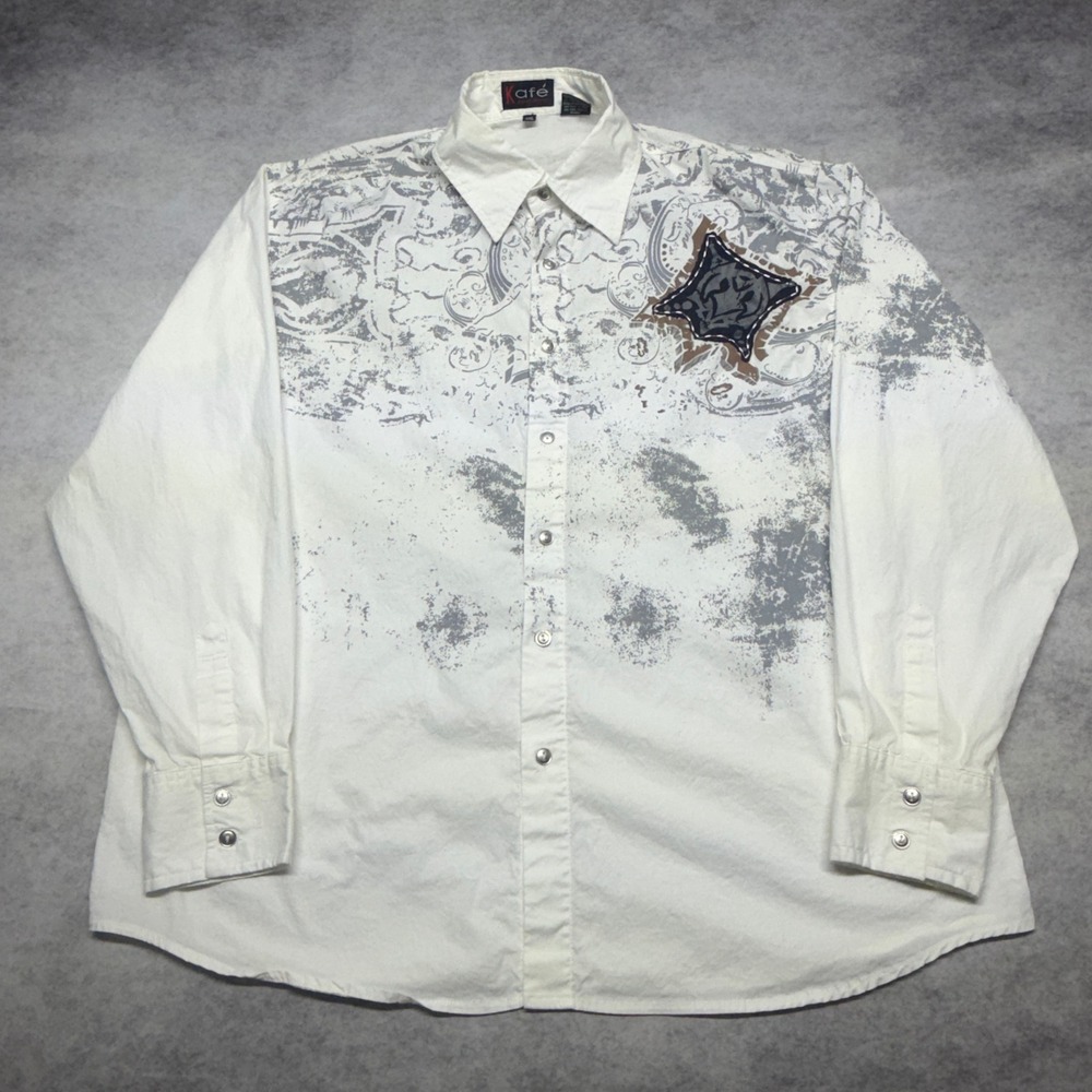 Y2K Tribal Cross Embroidered Button Down Shirt Kafe Mens XXL White  Grunge Biker